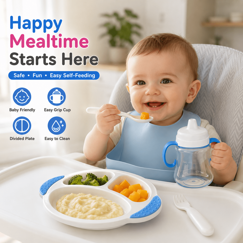 Al Arqam - Toddler Tableware Self Feeding Set - Blue/White - 4 Pc Set
