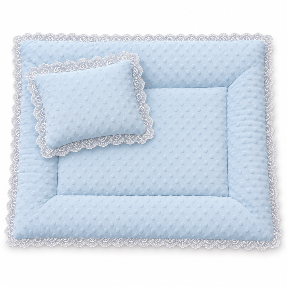 Al Arqam - Lace Trim Soft Padded Baby Mat & Pillow Set - Light Blue - 2 Pcs