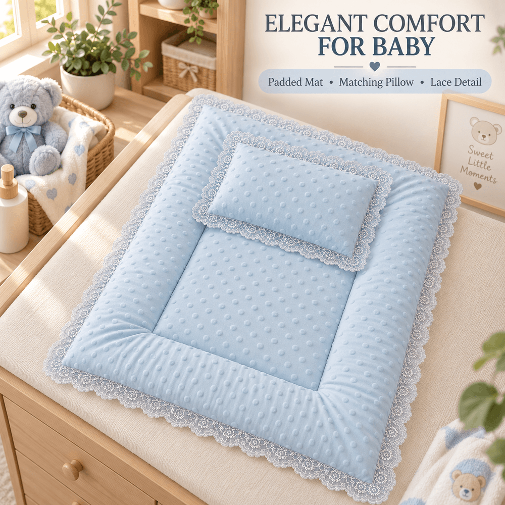 Al Arqam - Lace Trim Soft Padded Baby Mat & Pillow Set - Light Blue - 2 Pcs