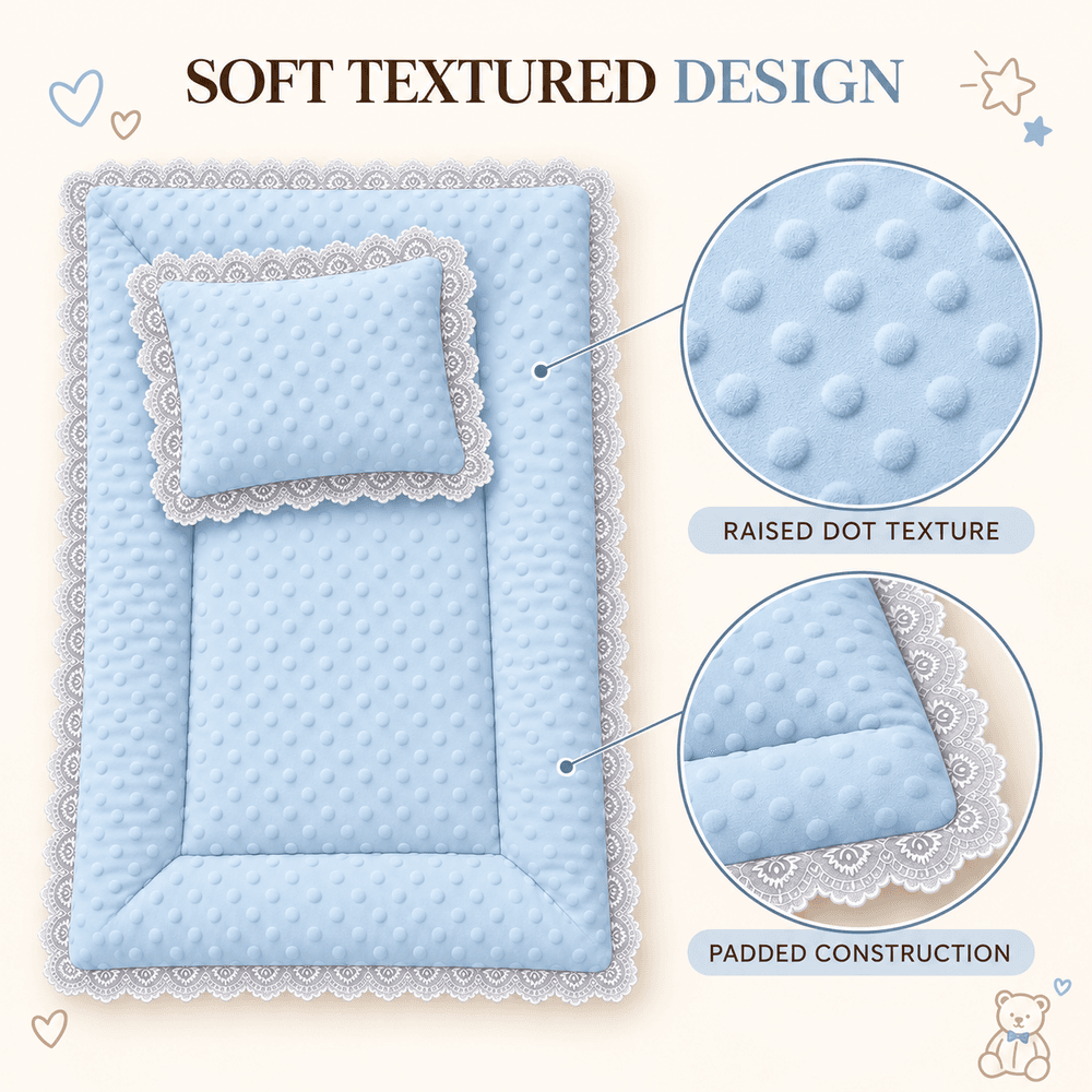 Al Arqam - Lace Trim Soft Padded Baby Mat & Pillow Set - Light Blue - 2 Pcs