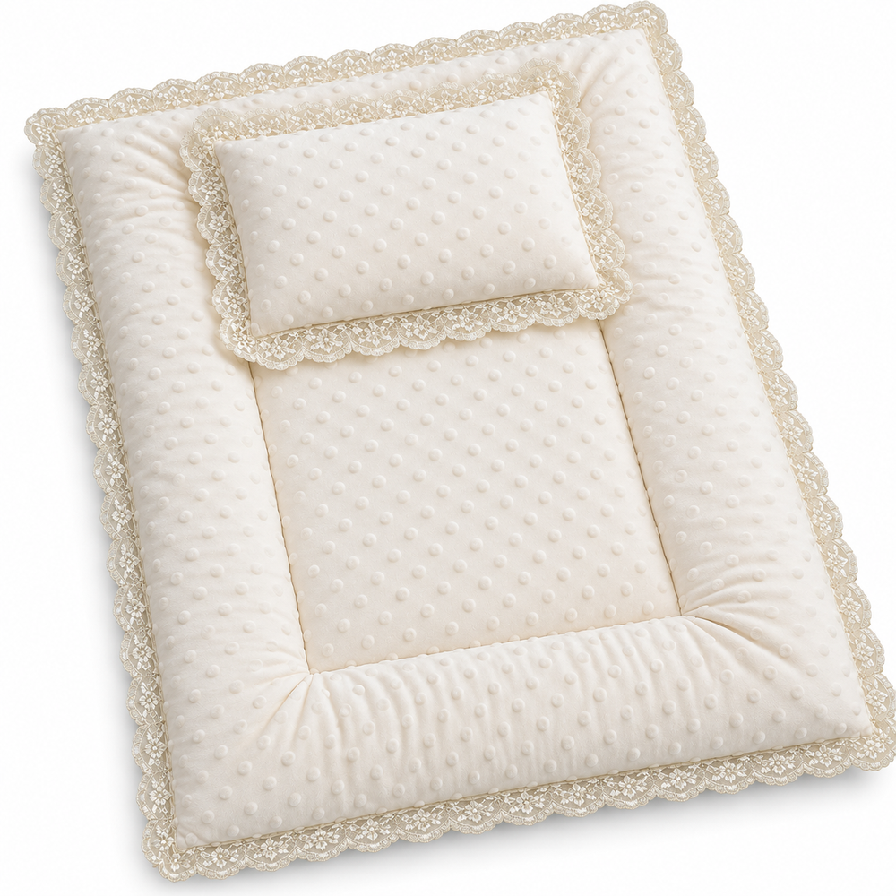 Al Arqam - Lace Trim Soft Padded Baby Mat & Pillow Set - Cream - 2 Pcs