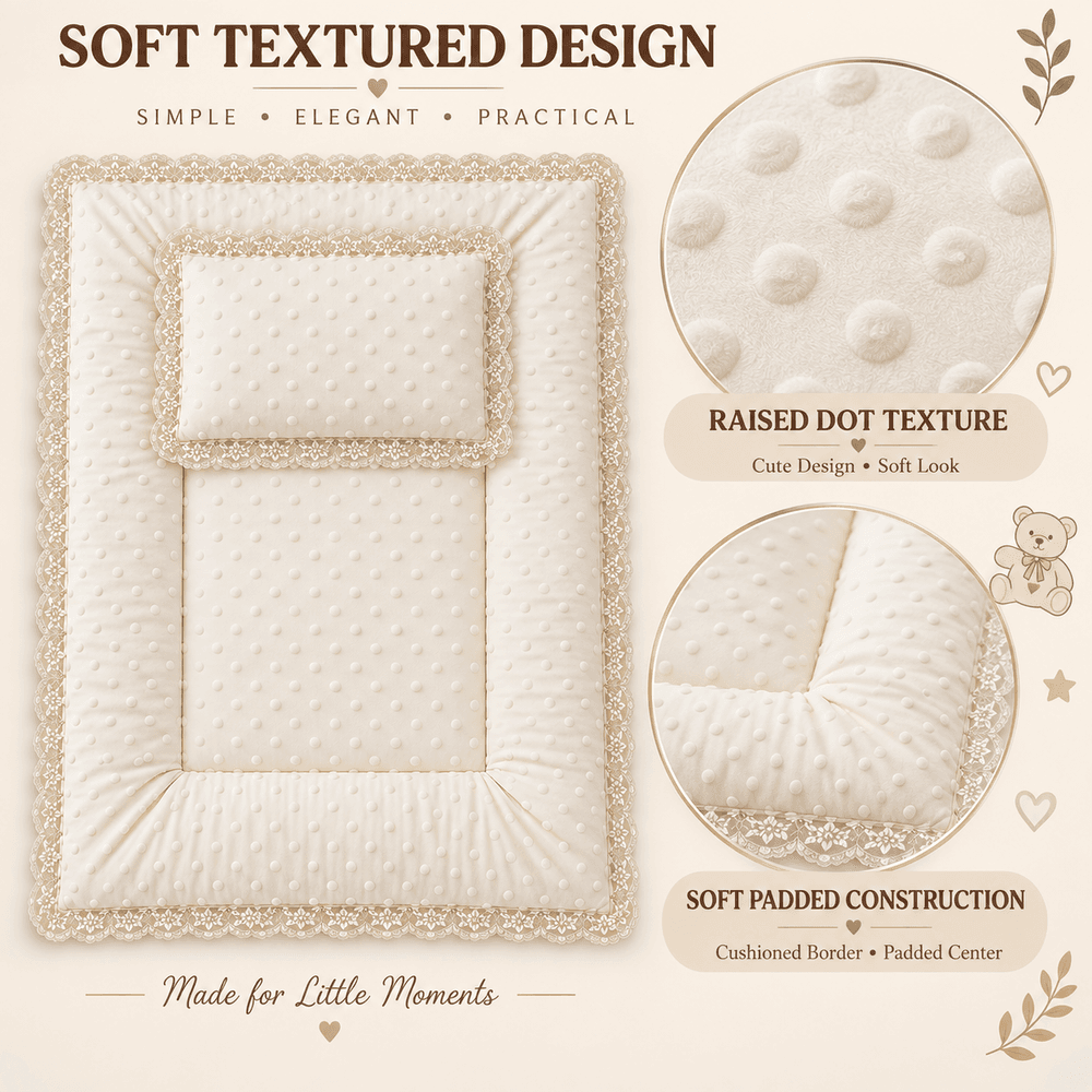 Al Arqam - Lace Trim Soft Padded Baby Mat & Pillow Set - Cream - 2 Pcs