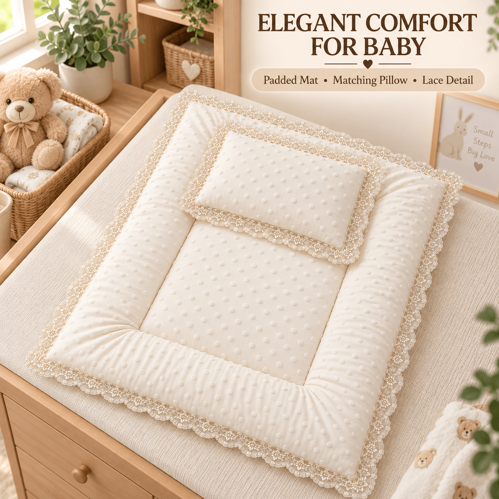 Al Arqam - Lace Trim Soft Padded Baby Mat & Pillow Set - Cream - 2 Pcs