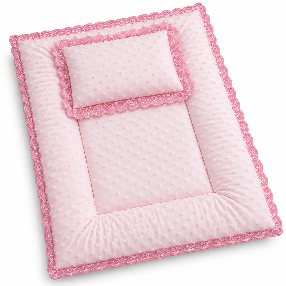 Al Arqam - Lace Trim Soft Padded Baby Mat & Pillow Set - Light Pink - 2 Pcs
