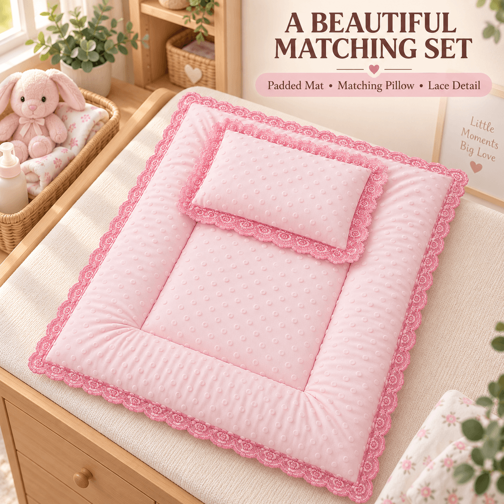 Al Arqam - Lace Trim Soft Padded Baby Mat & Pillow Set - Light Pink - 2 Pcs