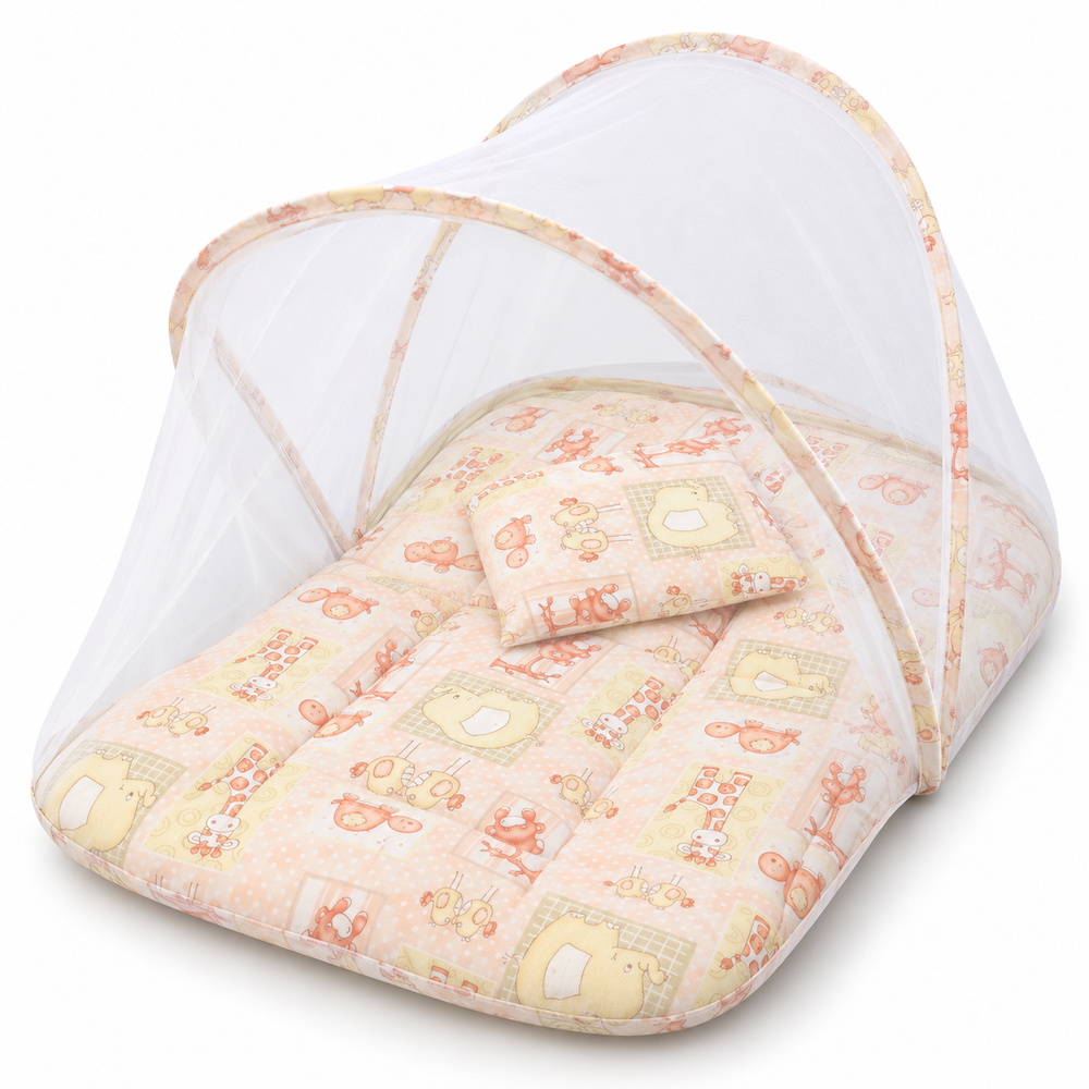 Al Arqam - Safari Animal Printed Baby Mattress With Mesh Canopy & Pillow - Beige