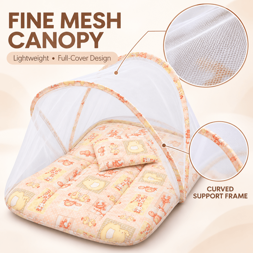 Al Arqam - Safari Animal Printed Baby Mattress With Mesh Canopy & Pillow - Beige