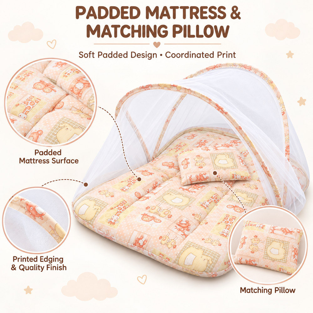 Al Arqam - Safari Animal Printed Baby Mattress With Mesh Canopy & Pillow - Beige