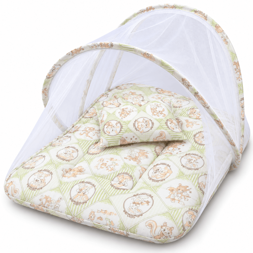 Al Arqam - Animal Printed Baby Mattress With Mesh Canopy & Pillow - Green