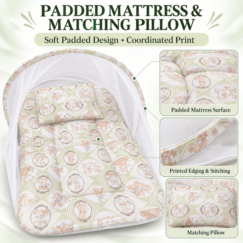 Al Arqam - Animal Printed Baby Mattress With Mesh Canopy & Pillow - Green