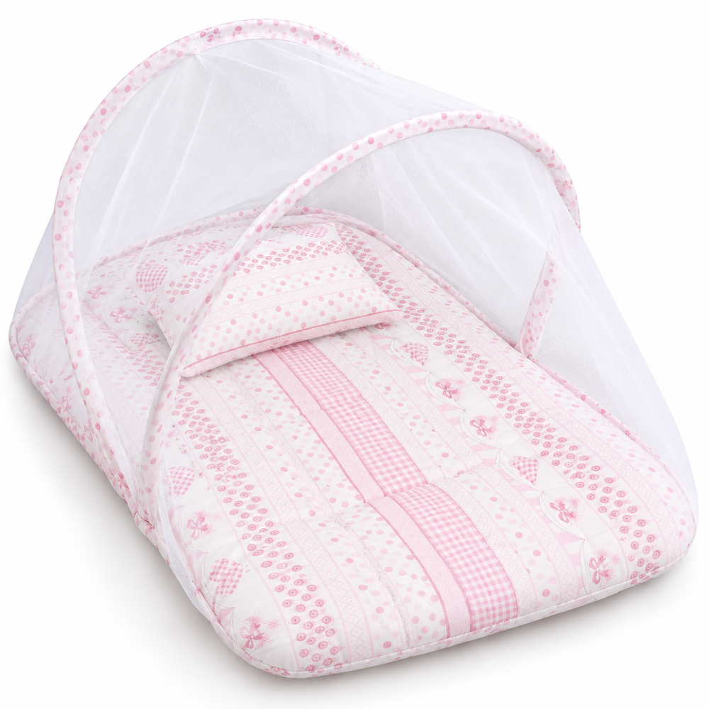 Al Arqam - Baby Mattress With Mesh Canopy & Pillow - Pink Stripe & Heart Print