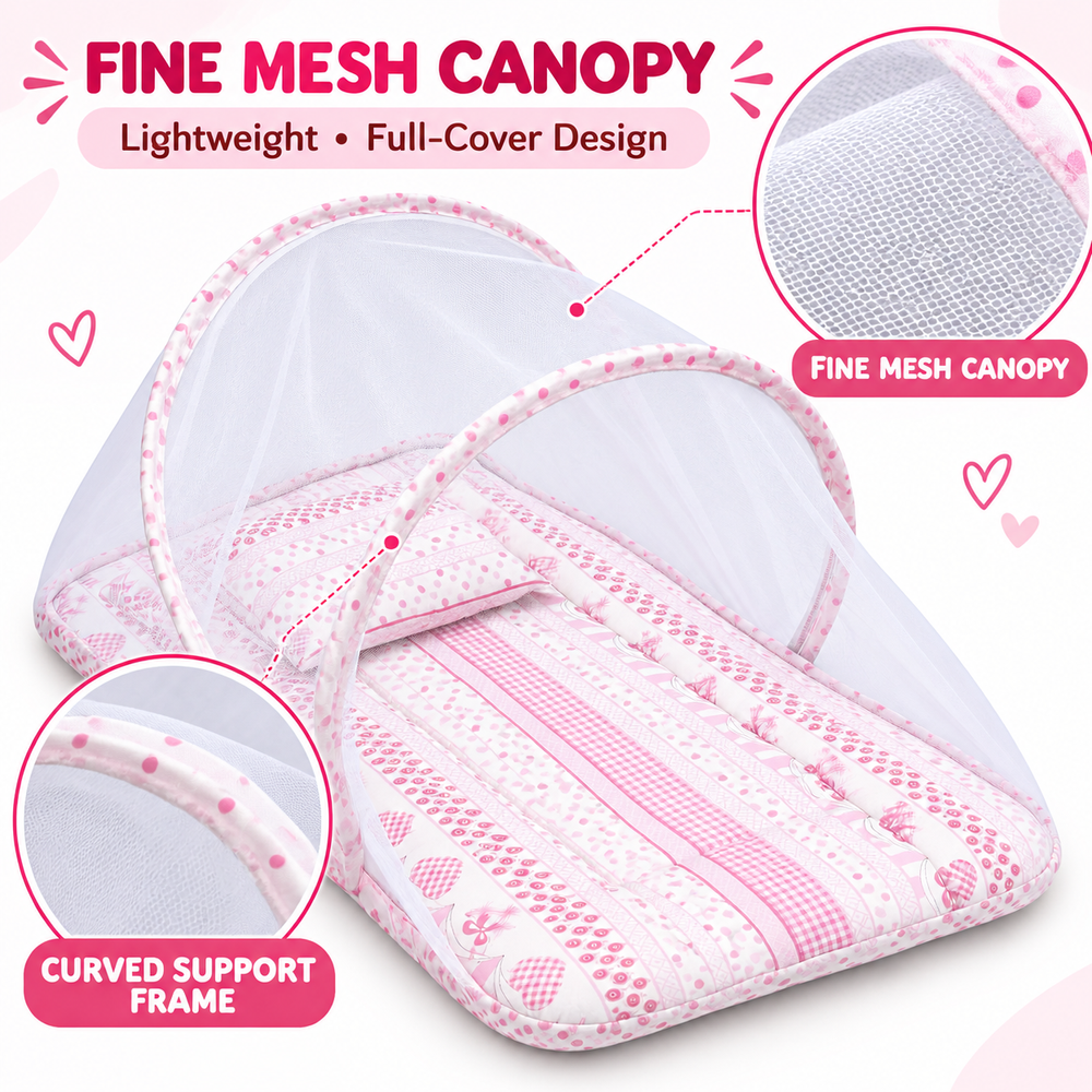 Al Arqam - Baby Mattress With Mesh Canopy & Pillow - Pink Stripe & Heart Print