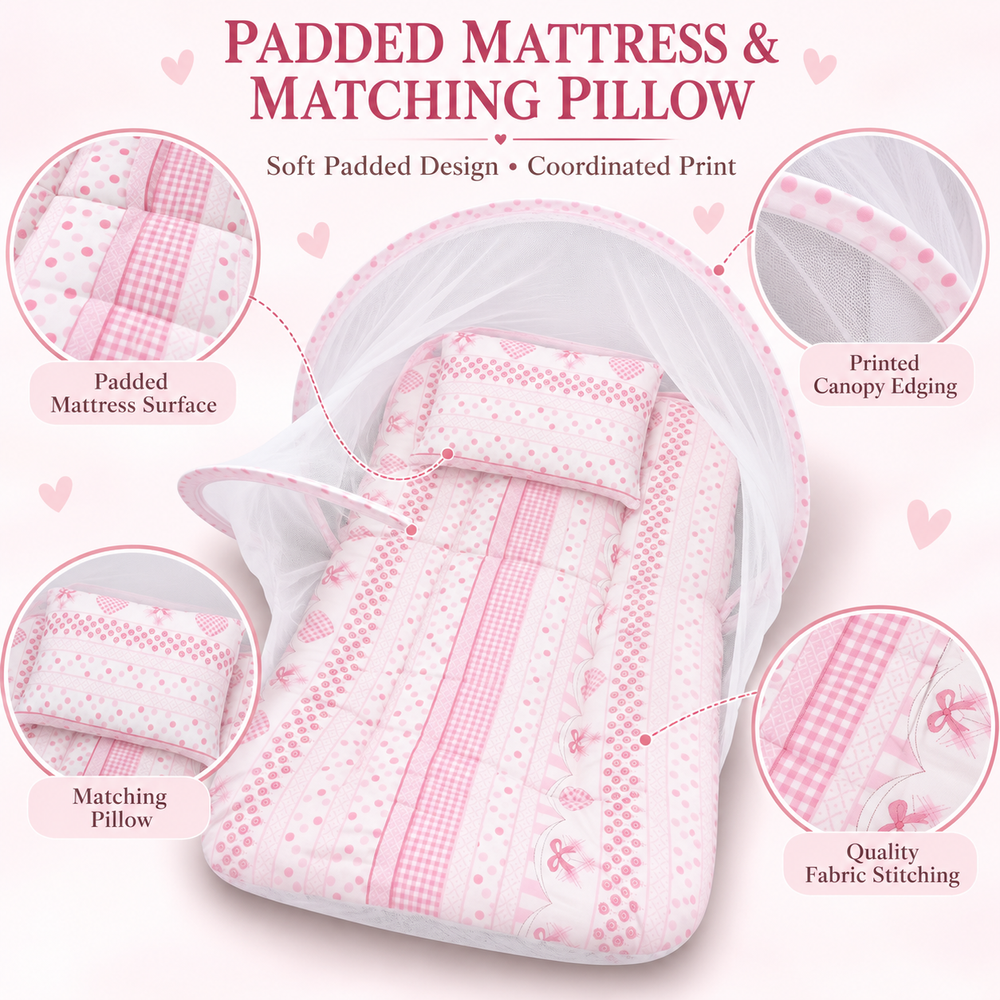 Al Arqam - Baby Mattress With Mesh Canopy & Pillow - Pink Stripe & Heart Print