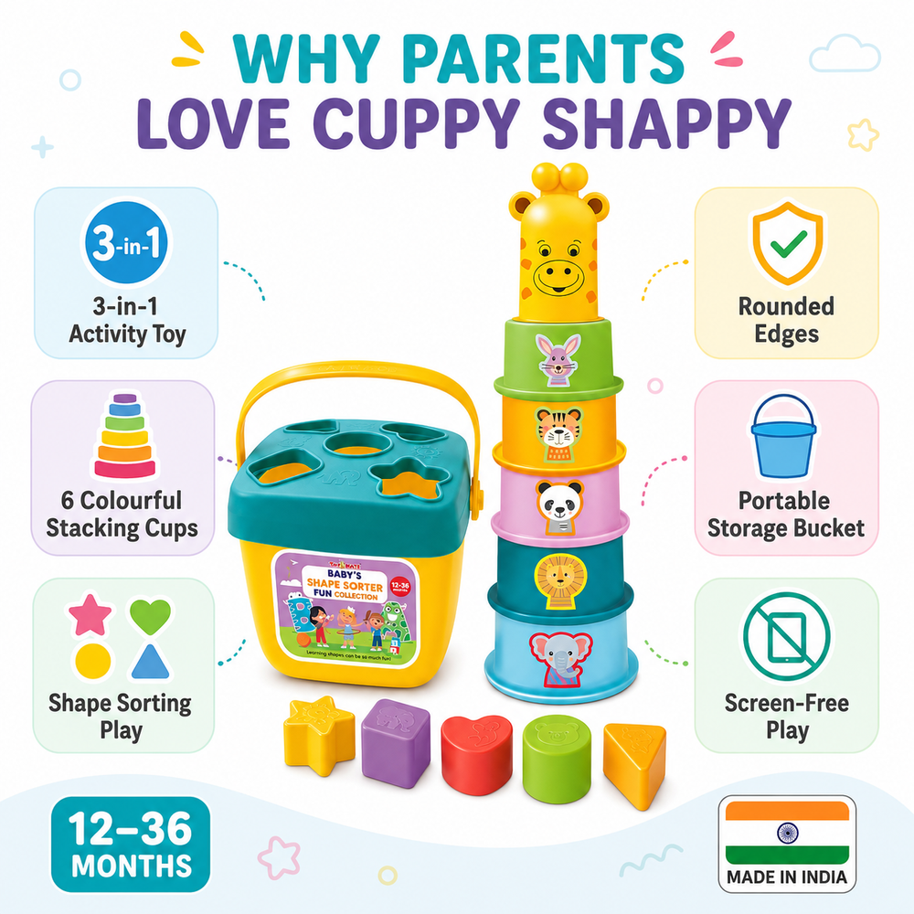 Toy Mate - 3-in-1 Cuppy Shappy Stacking Cups & Shape Sorter Toy