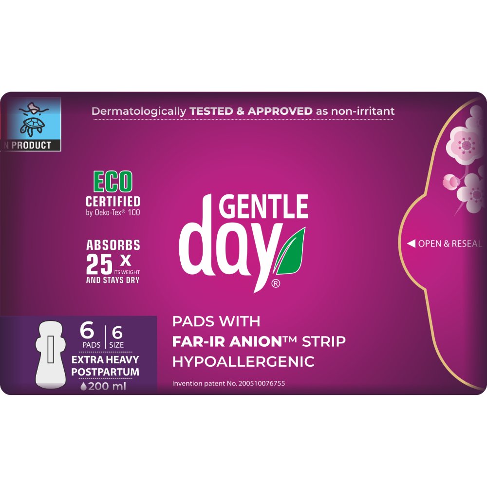 Gentle Day - 100% Organic Maxi Protection Sanitary Pads - Size 6 - Heavy Flow - 6 Pcs