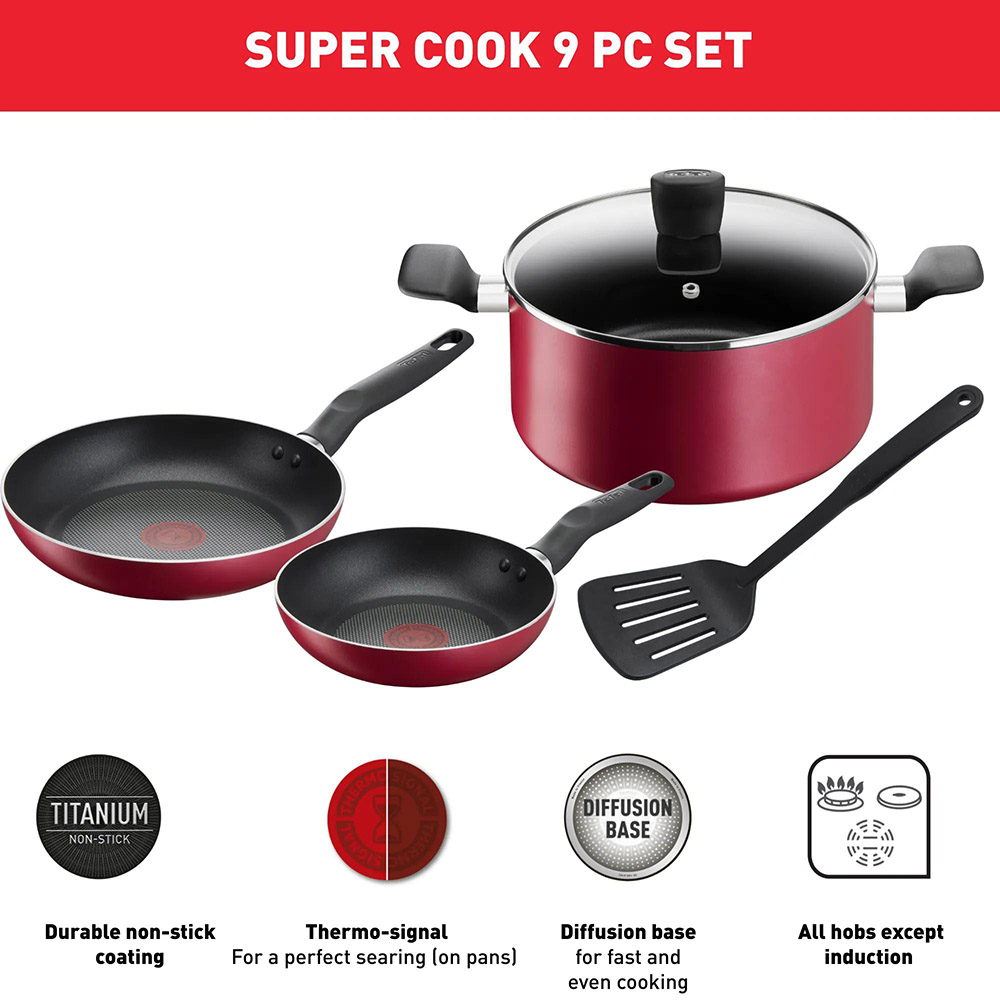 Tefal - Super Cook Non-Stick Cookware Set - Red - 5 Pc Set