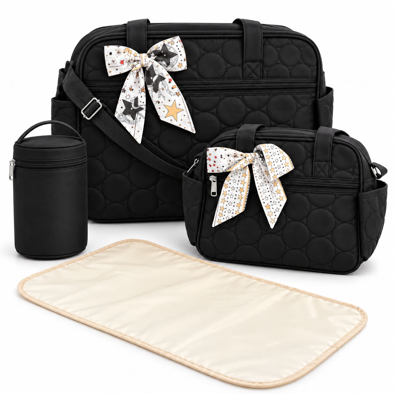Little Beginnings 4-Piece Mommy Bag Set with Diaper Bag, Bottle Holder & Baby Changing Mat – Black