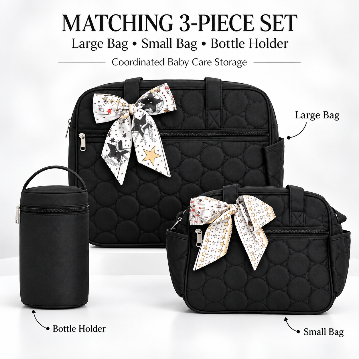 Little Beginnings 4-Piece Mommy Bag Set with Diaper Bag, Bottle Holder & Baby Changing Mat – Black