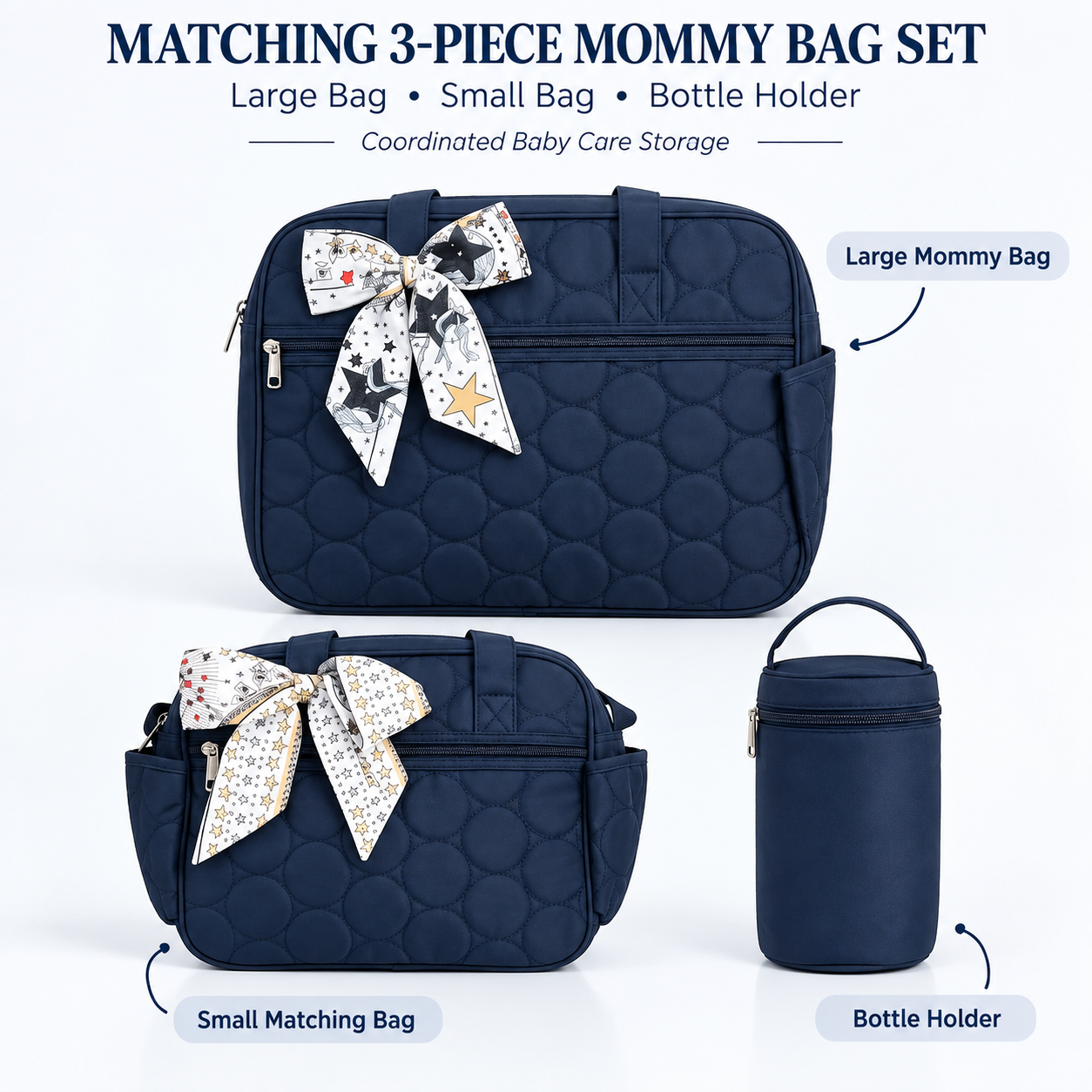 Little Beginnings 4-Piece Mommy Bag Set with Diaper Bag, Bottle Holder & Changing Mat – Navy Blue