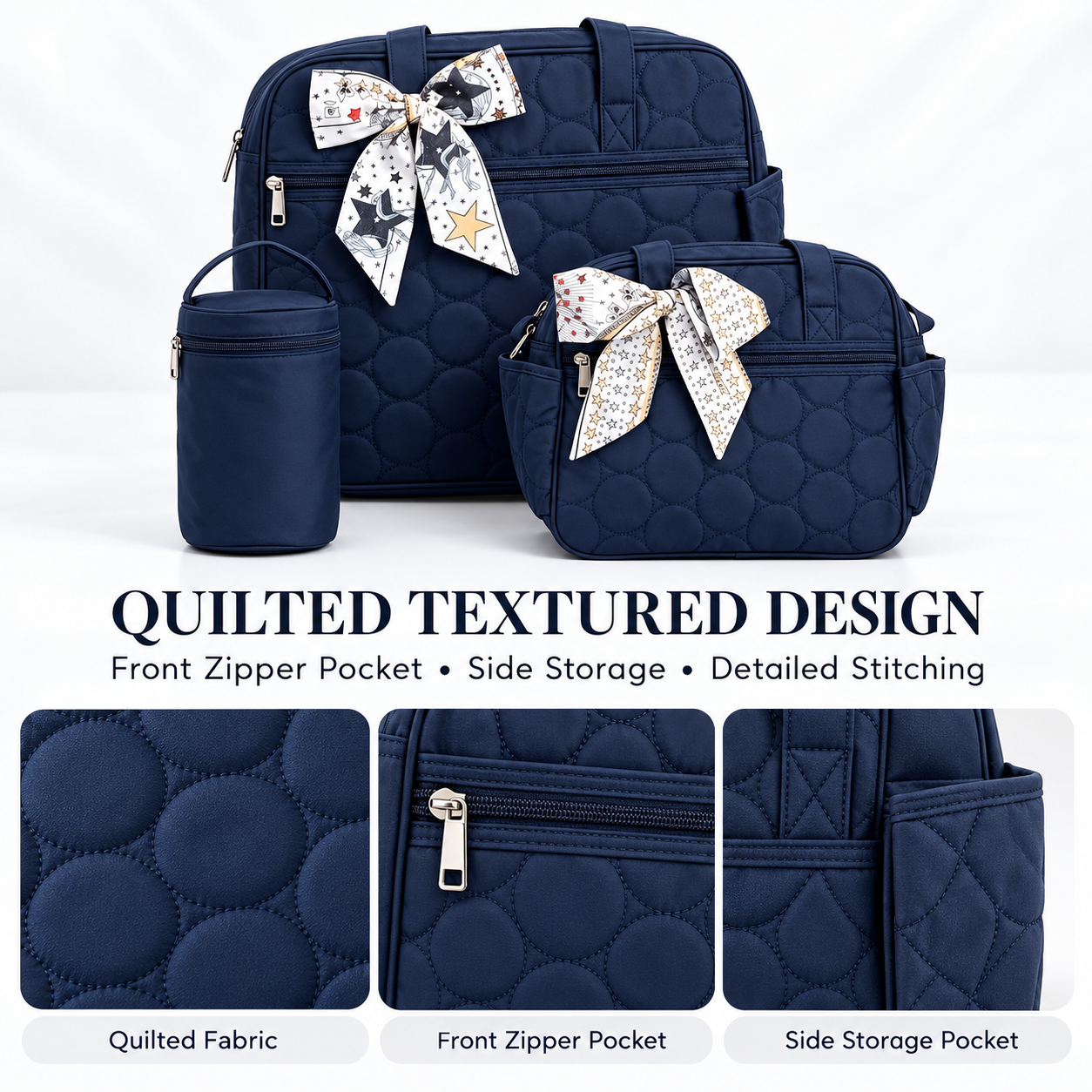 Little Beginnings 4-Piece Mommy Bag Set with Diaper Bag, Bottle Holder & Changing Mat – Navy Blue