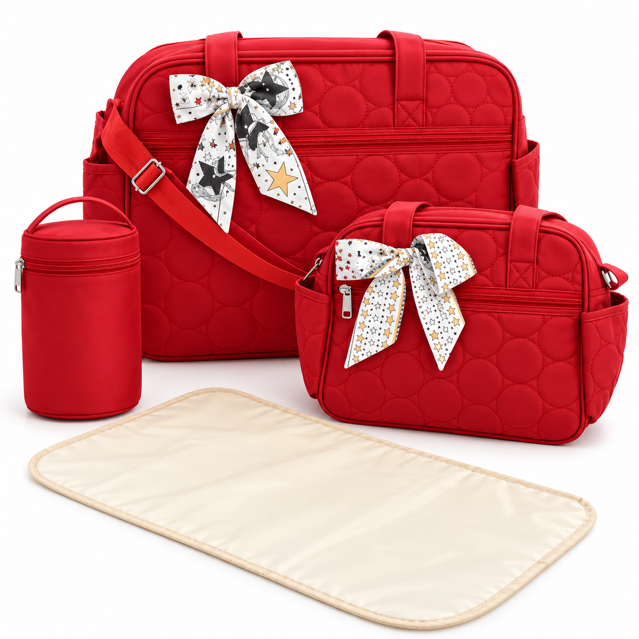 Little Beginnings 4-Piece Mommy Bag Set with Diaper Bag, Bottle Holder & Baby Changing Mat – Red