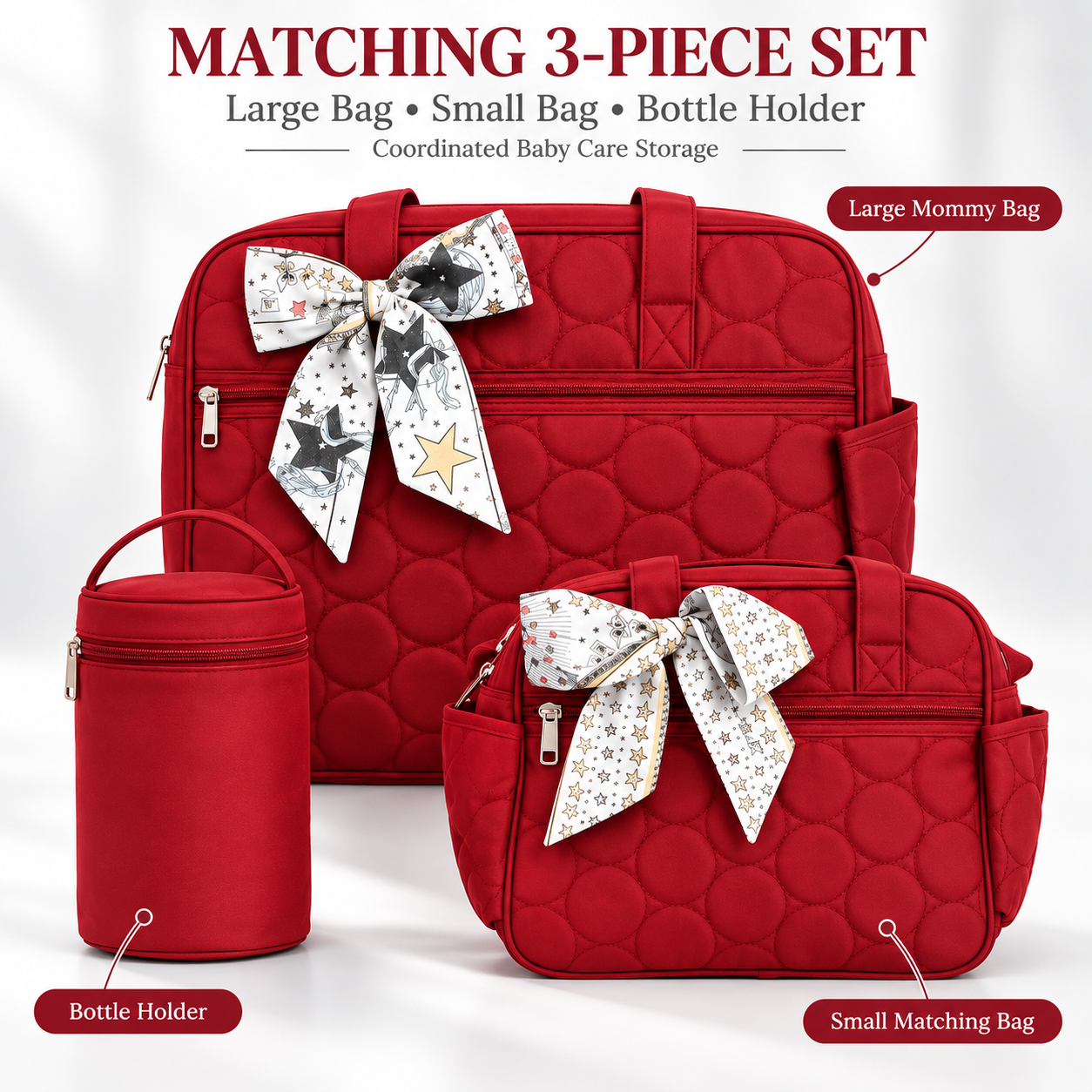 Little Beginnings 4-Piece Mommy Bag Set with Diaper Bag, Bottle Holder & Baby Changing Mat – Red