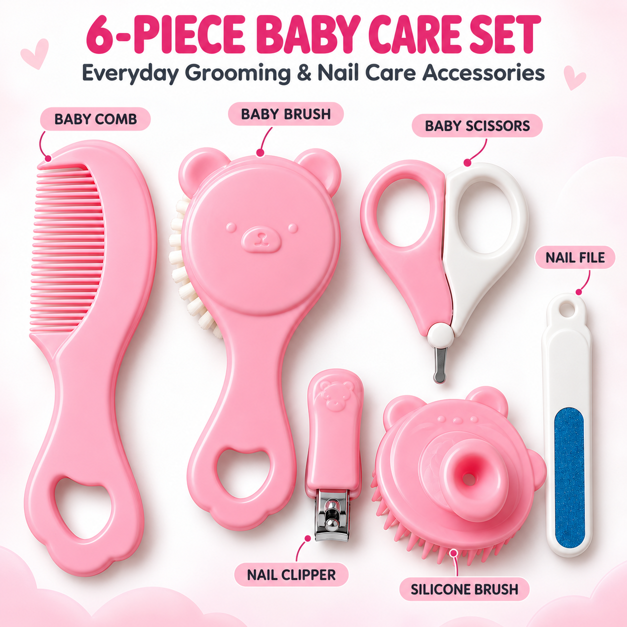 Little Beginnings 6pc Baby Care & Grooming Tool Set - Pink & White