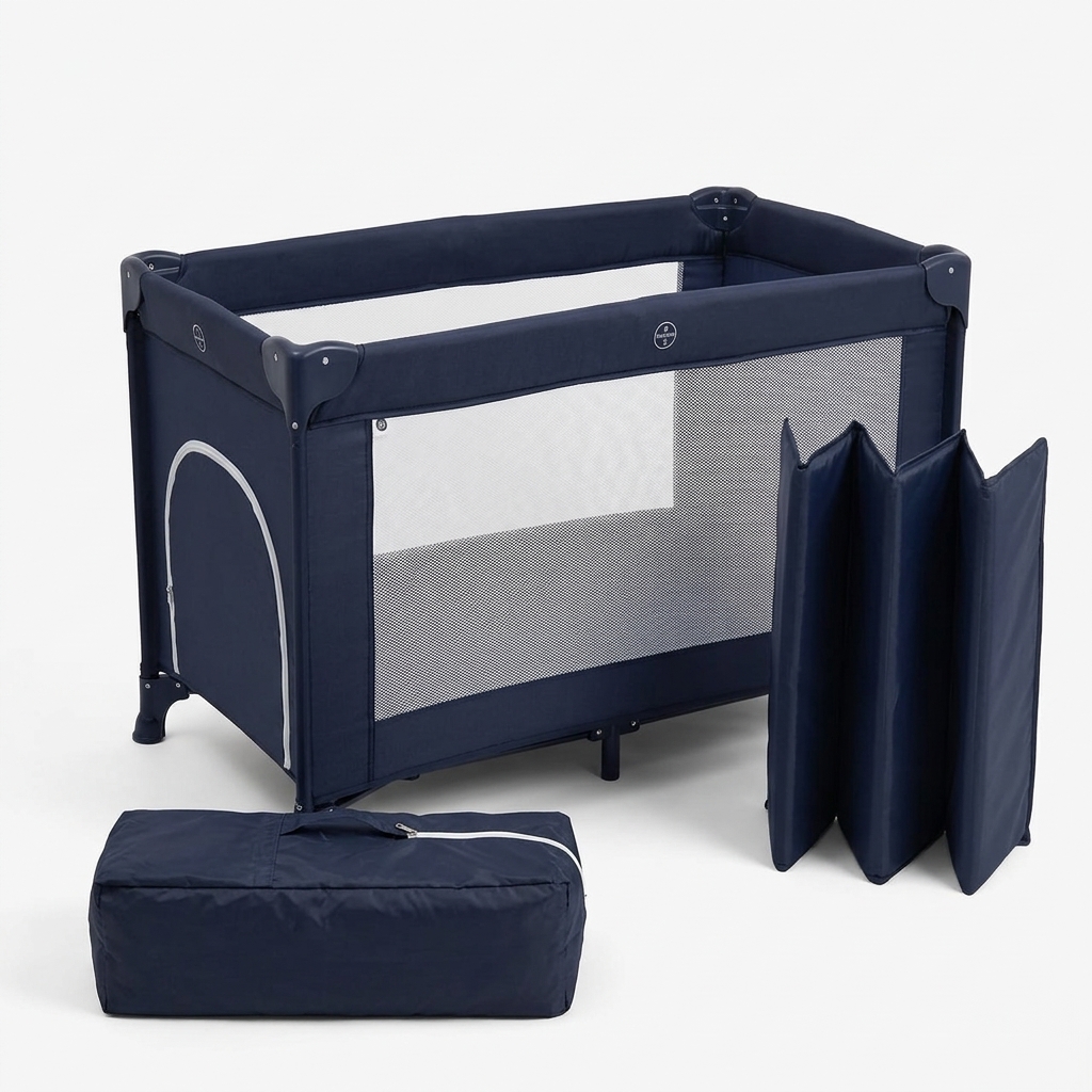 Little Beginnings Portable Baby Travel Cot & Playpen with Mesh (125x65x73cm) – Navy Blue