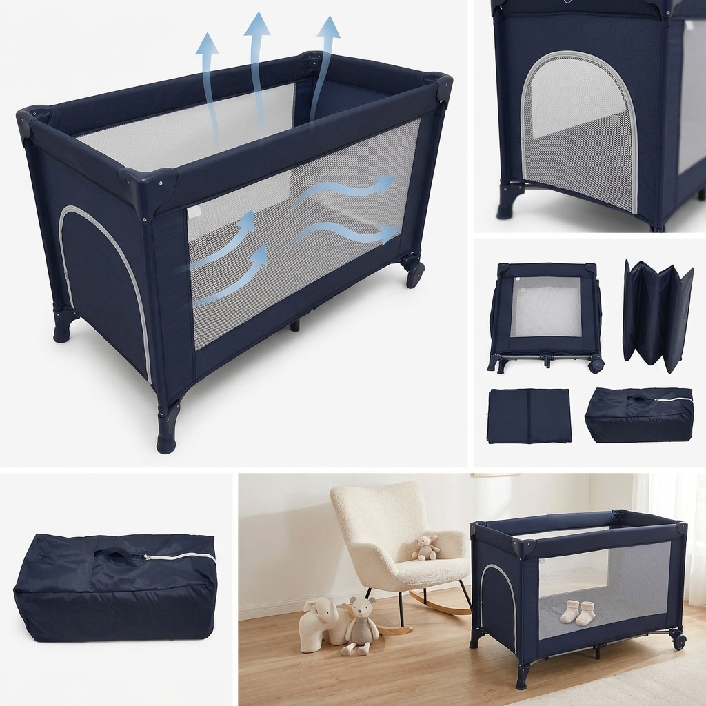 Little Beginnings Portable Baby Travel Cot & Playpen with Mesh (125x65x73cm) – Navy Blue