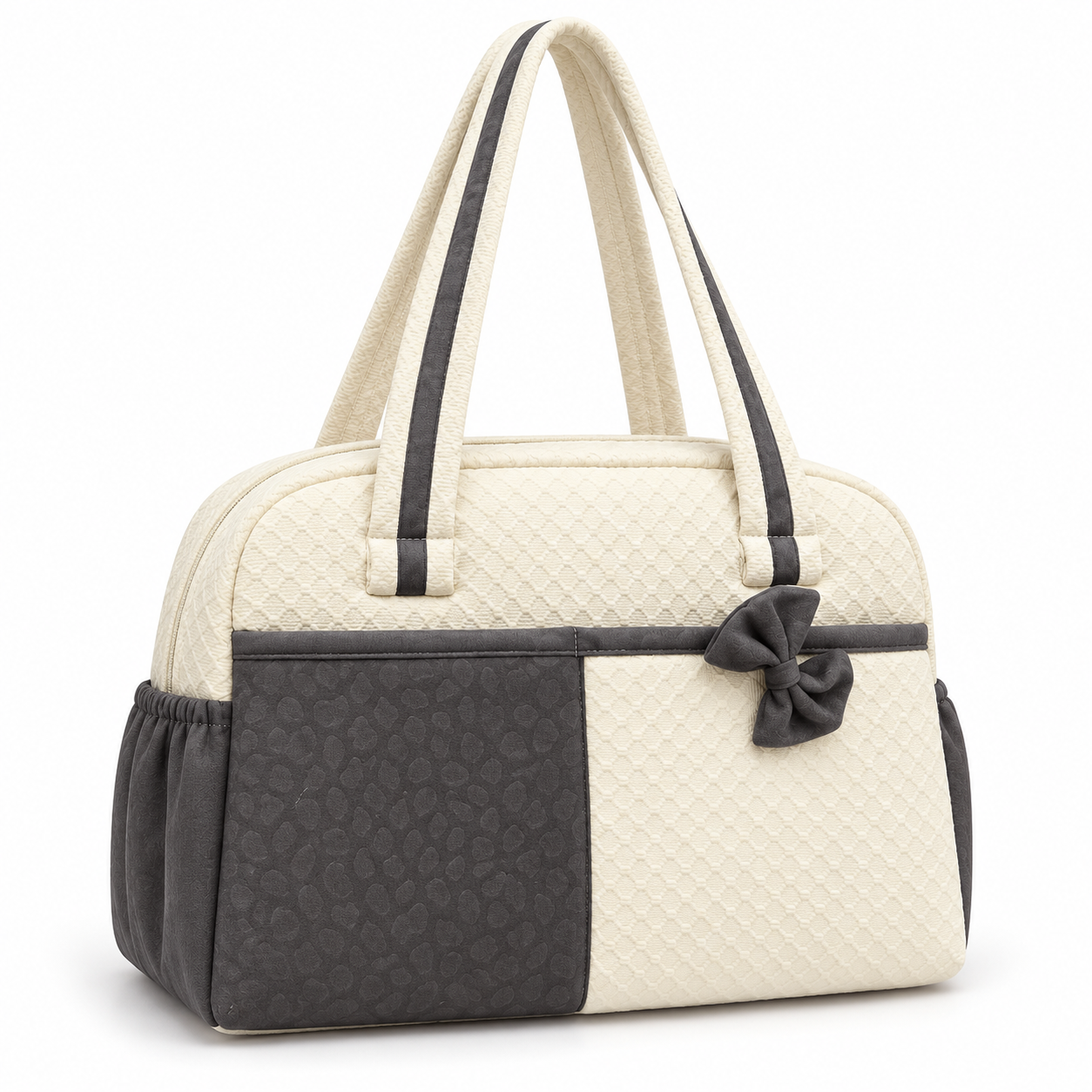 Little Beginnings Mommy Bag with Dual Handles, Side Pockets & Bow Detail – Cream & Grey