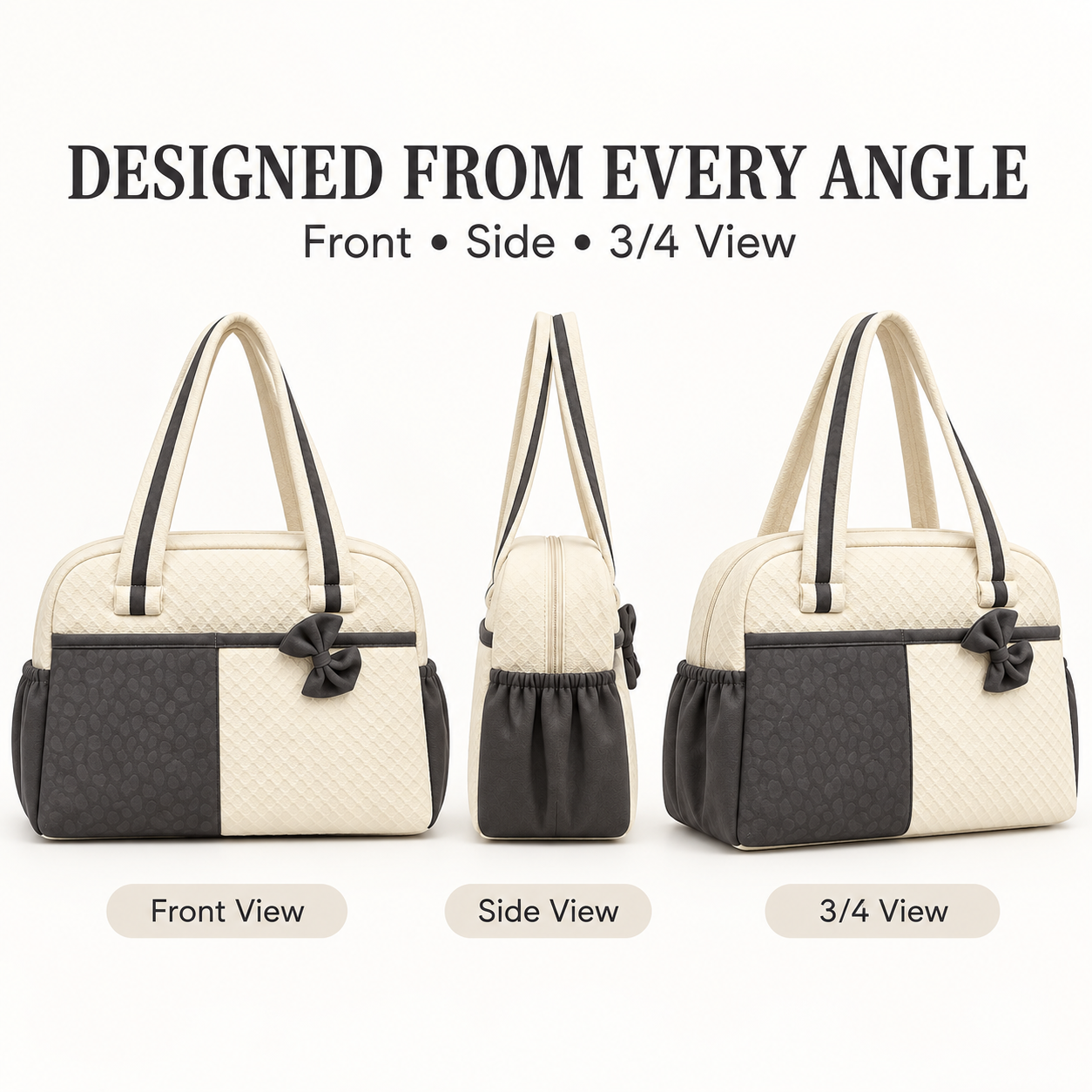 Little Beginnings Mommy Bag with Dual Handles, Side Pockets & Bow Detail – Cream & Grey