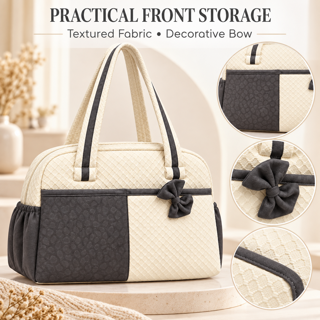 Little Beginnings Mommy Bag with Dual Handles, Side Pockets & Bow Detail – Cream & Grey