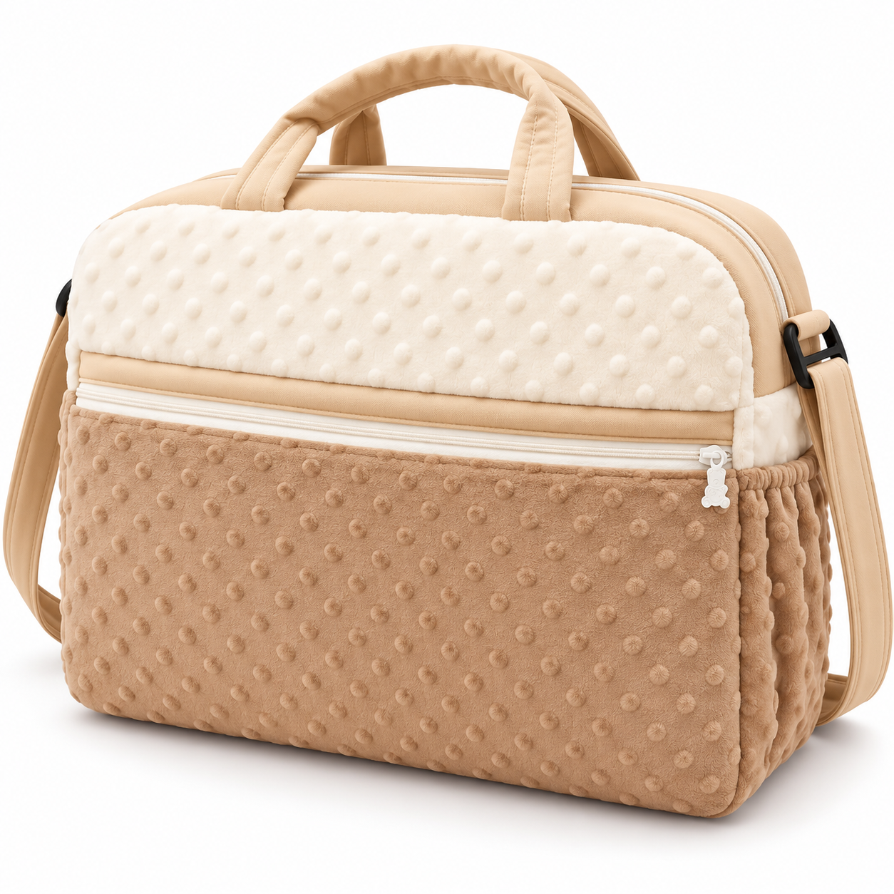 Little Beginnings Mommy Bag with Minky Dot Fabric, Zipper Pocket & Shoulder Strap – Beige & Cream