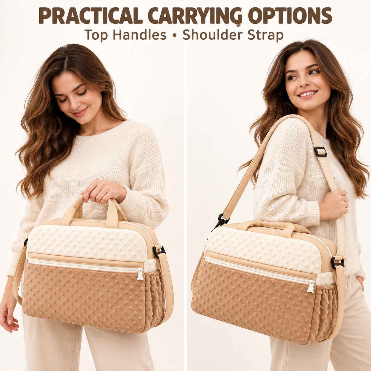 Little Beginnings Mommy Bag with Minky Dot Fabric, Zipper Pocket & Shoulder Strap – Beige & Cream