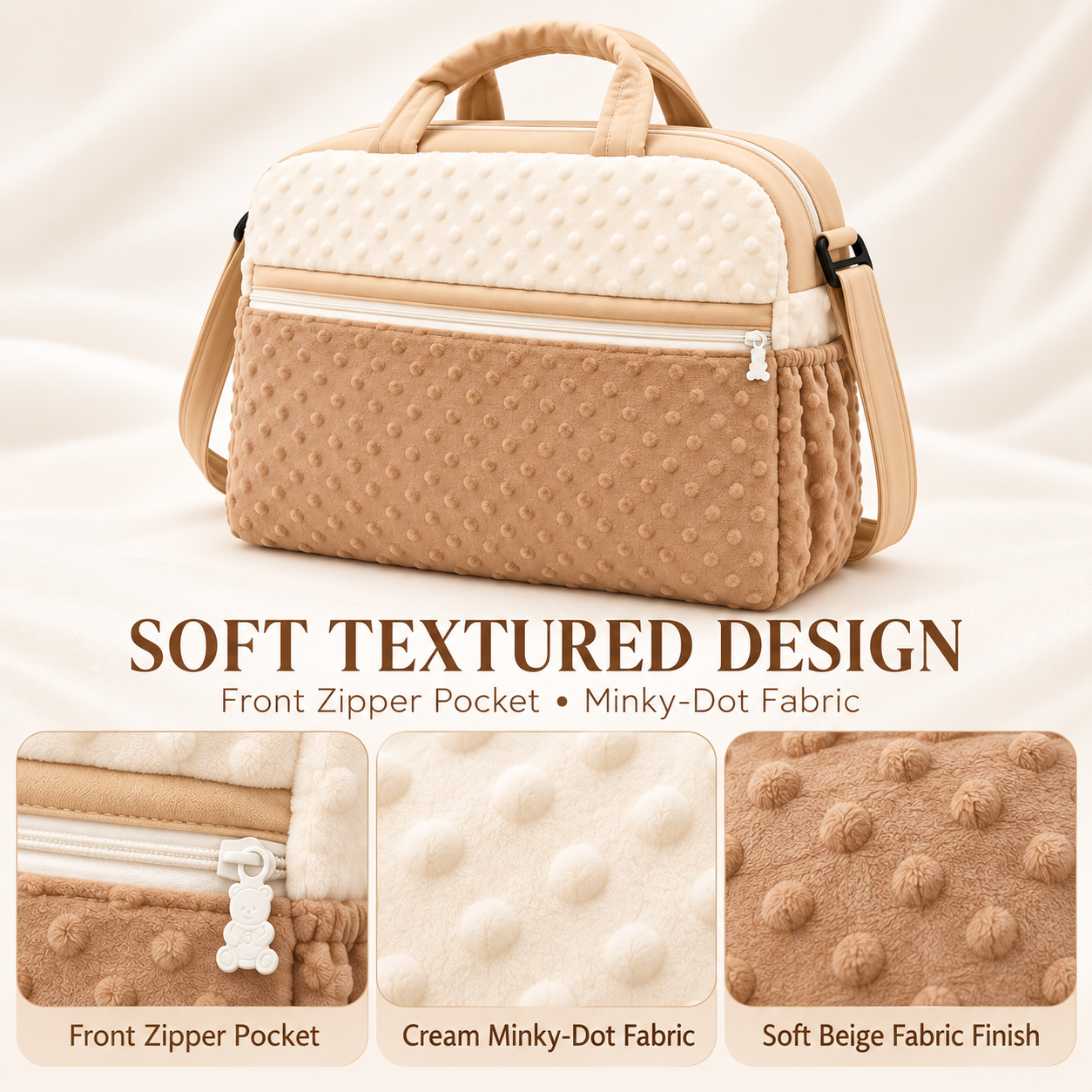Little Beginnings Mommy Bag with Minky Dot Fabric, Zipper Pocket & Shoulder Strap – Beige & Cream