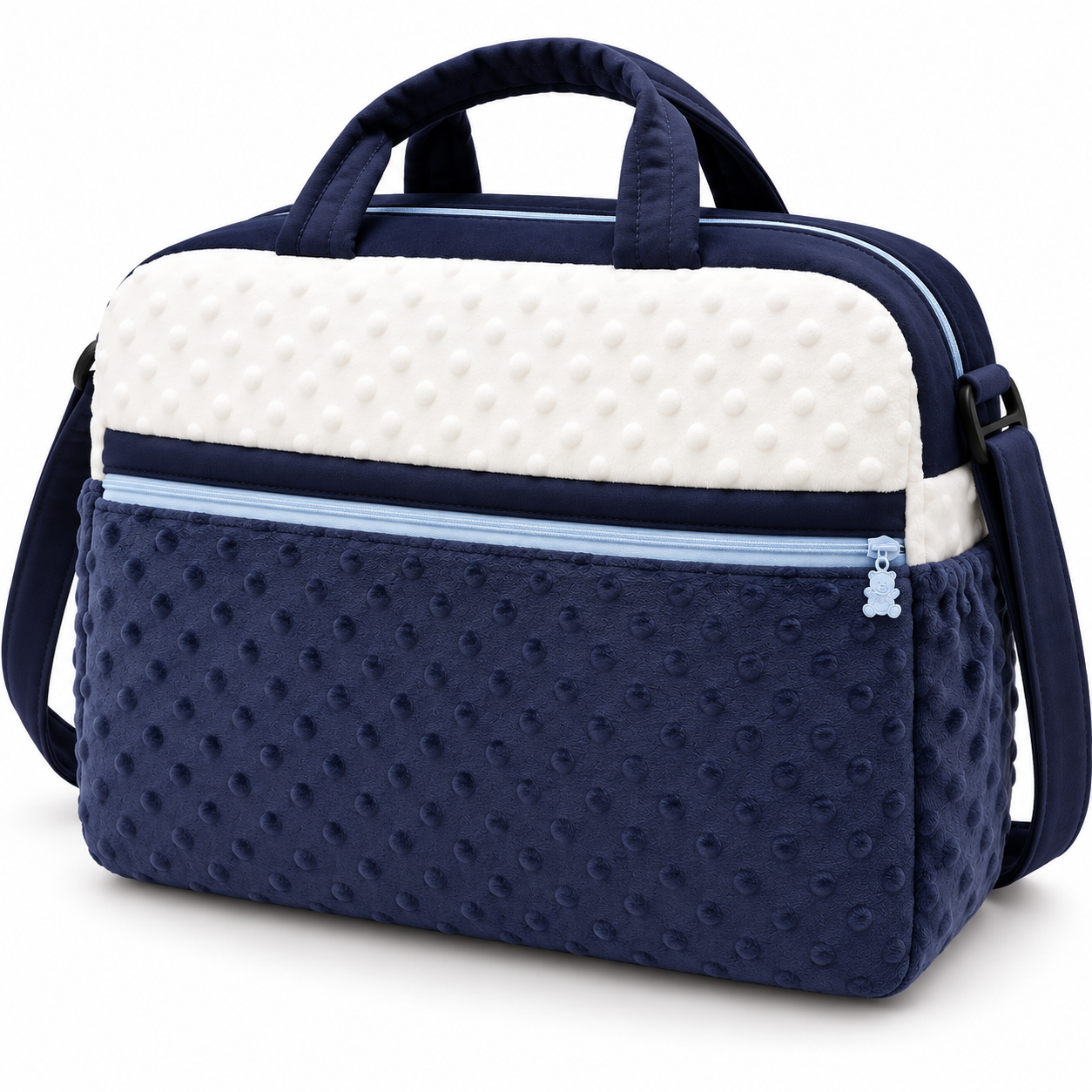 Little Beginnings Mommy Bag with Minky Dot Fabric, Zipper Pocket & Shoulder Strap – Navy & Light Blue