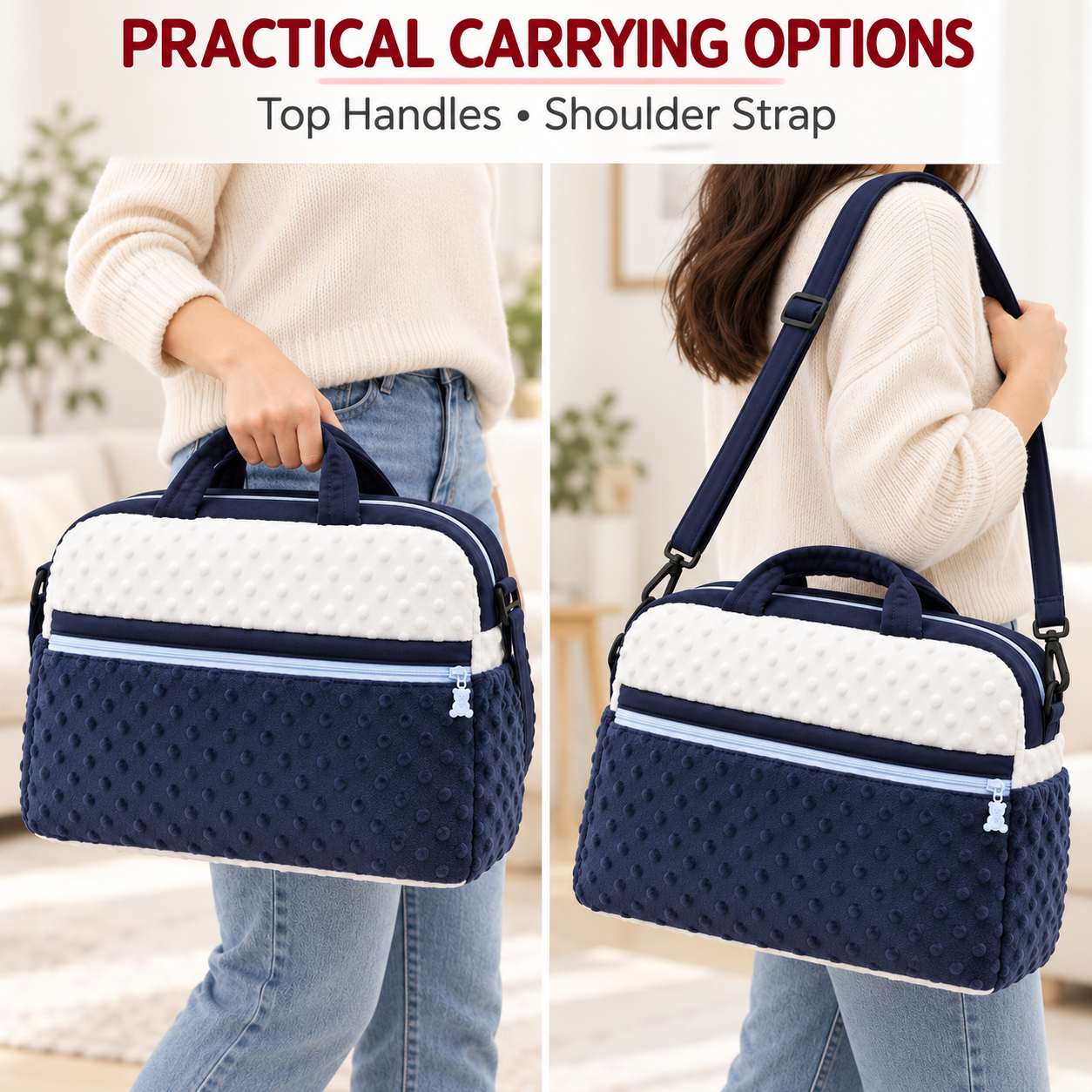 Little Beginnings Mommy Bag with Minky Dot Fabric, Zipper Pocket & Shoulder Strap – Navy & Light Blue