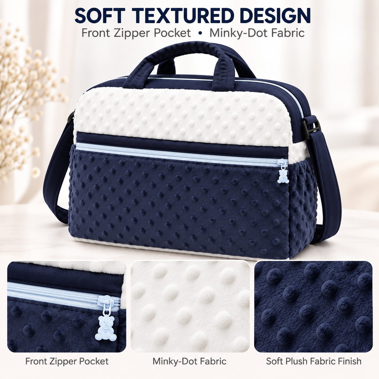 Little Beginnings Mommy Bag with Minky Dot Fabric, Zipper Pocket & Shoulder Strap – Navy & Light Blue
