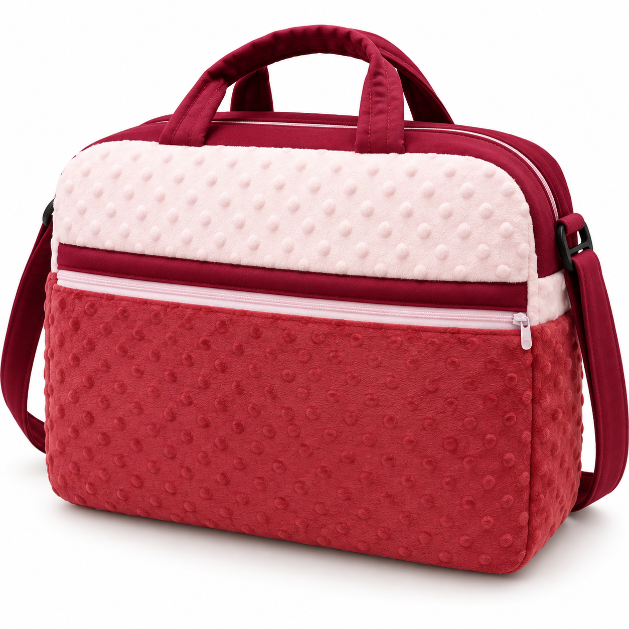 Little Beginnings Mommy Bag with Minky Dot Fabric, Zipper Pocket & Shoulder Strap – Red & Pink
