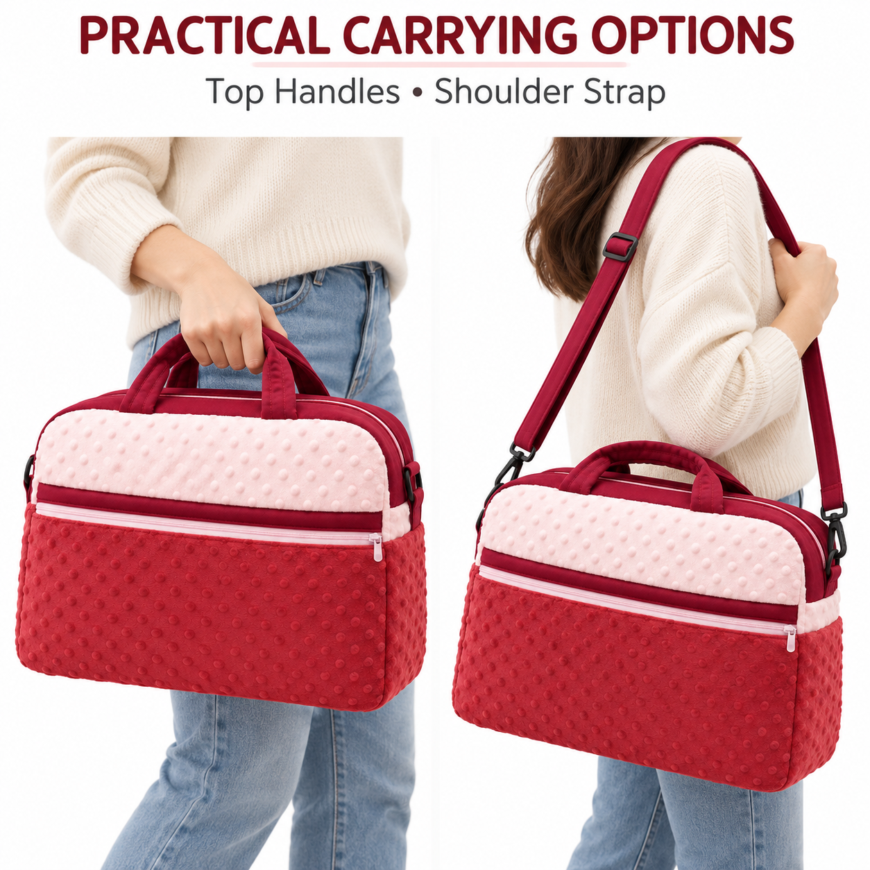 Little Beginnings Mommy Bag with Minky Dot Fabric, Zipper Pocket & Shoulder Strap – Red & Pink
