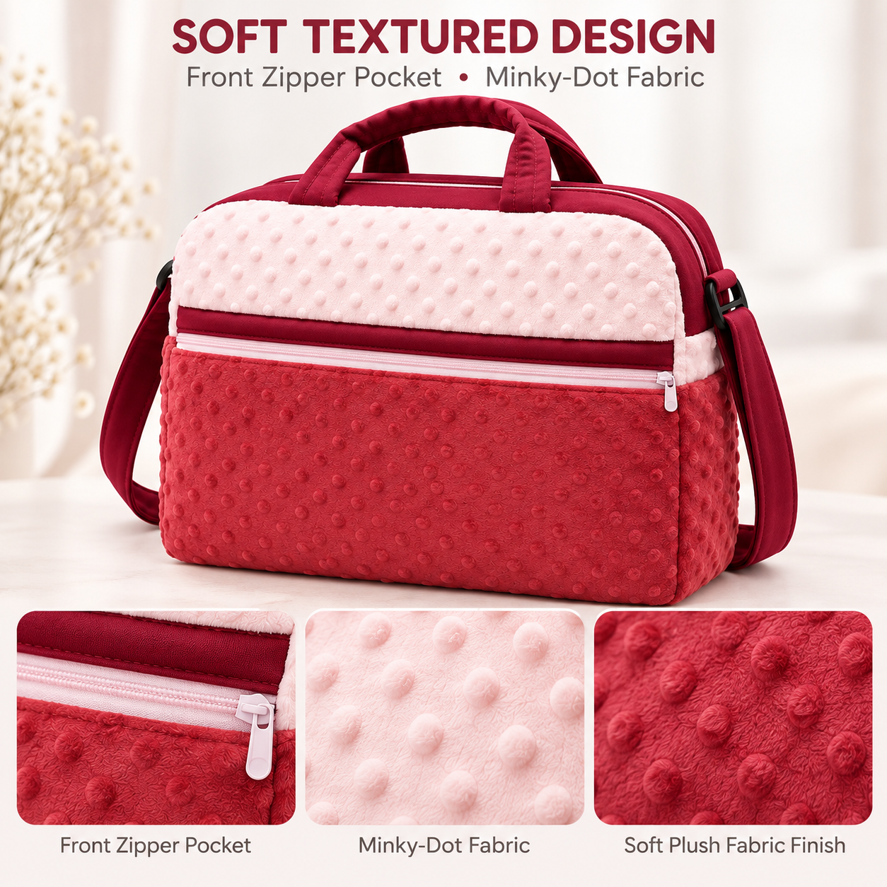Little Beginnings Mommy Bag with Minky Dot Fabric, Zipper Pocket & Shoulder Strap – Red & Pink