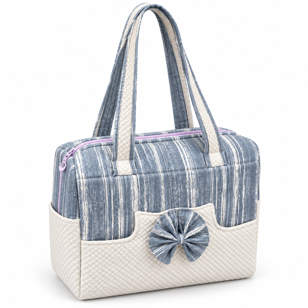 Little Beginnings Mommy Bag with Bow Design, Quilted Pockets & Shoulder Handles – Blue & Cream