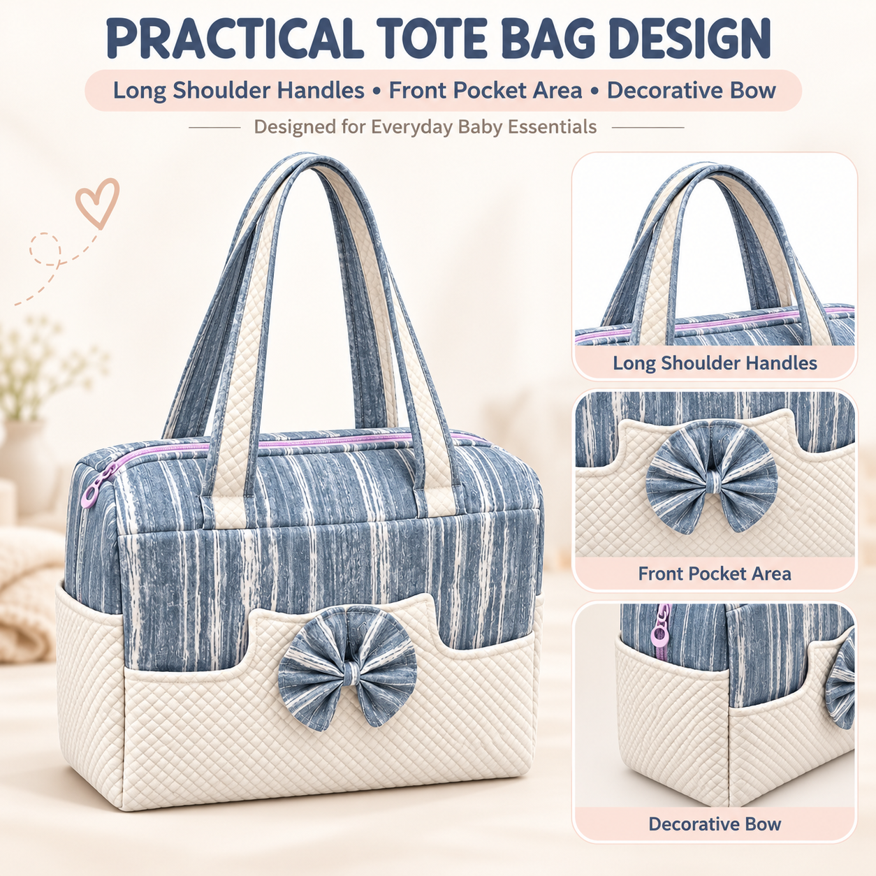 Little Beginnings Mommy Bag with Bow Design, Quilted Pockets & Shoulder Handles – Blue & Cream