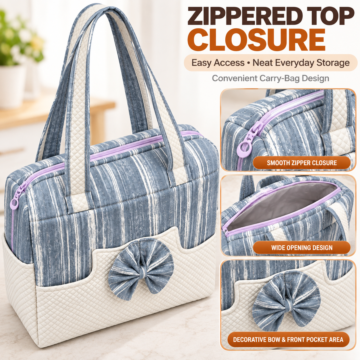 Little Beginnings Mommy Bag with Bow Design, Quilted Pockets & Shoulder Handles – Blue & Cream