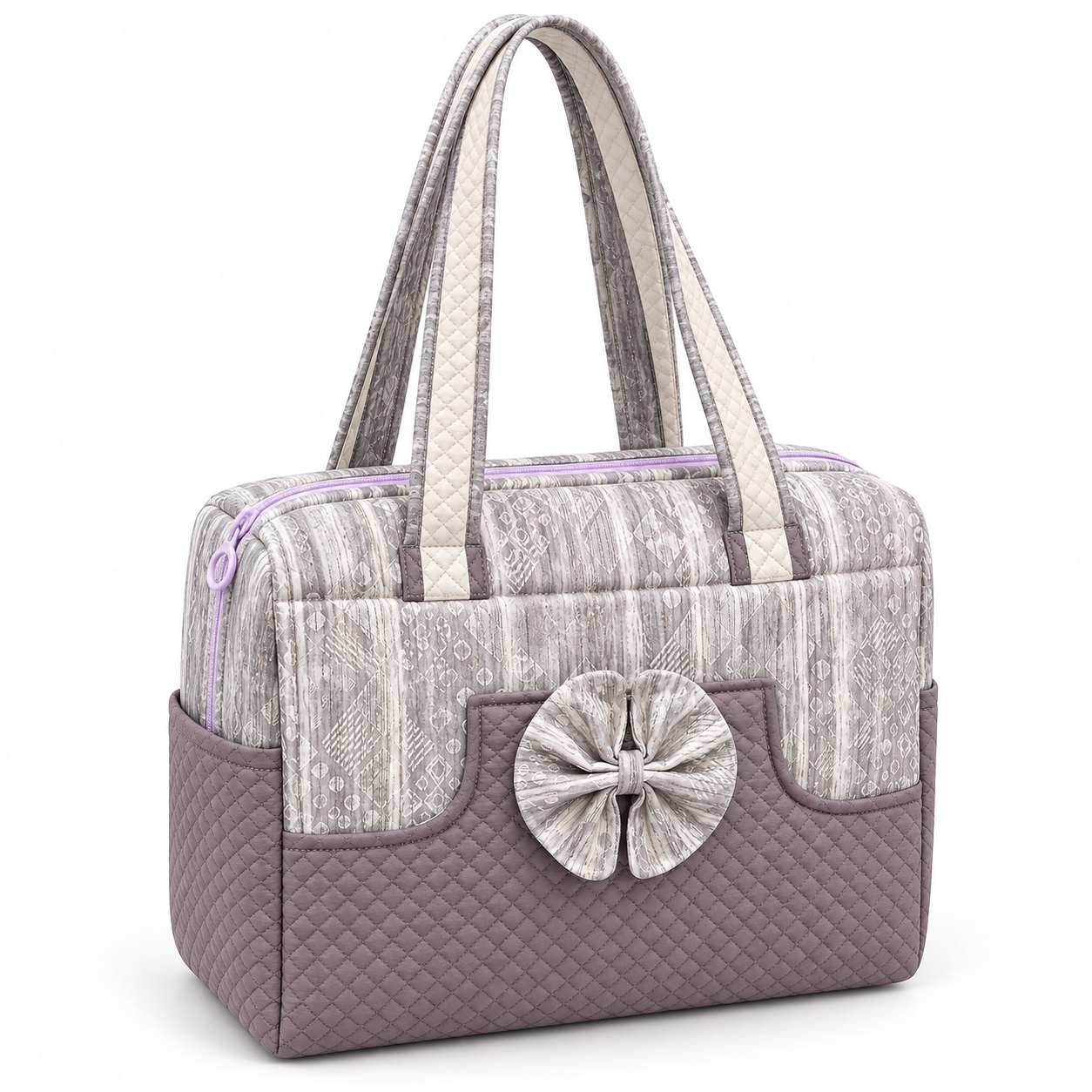 Little Beginnings Mommy Bag with Bow Design, Quilted Pockets & Shoulder Handles – Grey