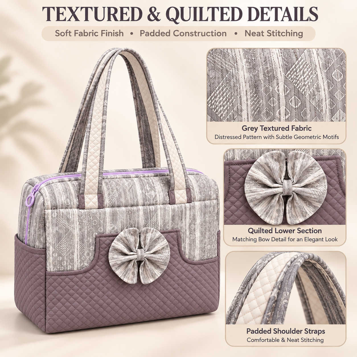 Little Beginnings Mommy Bag with Bow Design, Quilted Pockets & Shoulder Handles – Grey