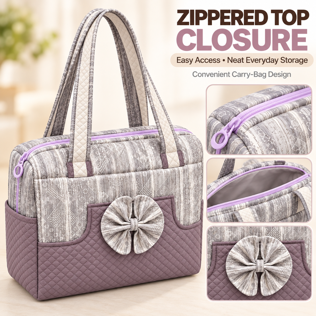 Little Beginnings Mommy Bag with Bow Design, Quilted Pockets & Shoulder Handles – Grey