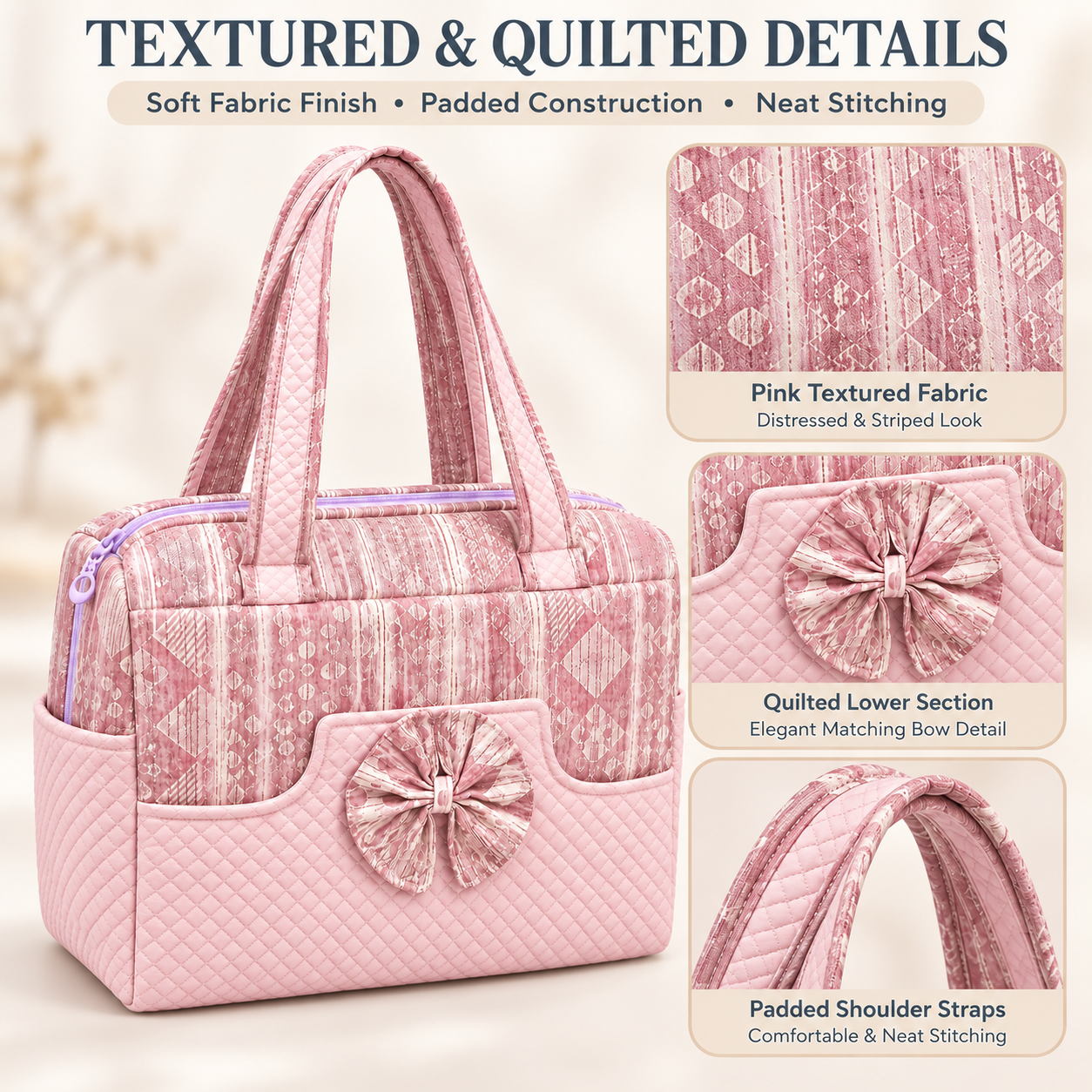 Little Beginnings Mommy Bag with Bow Design, Quilted Pockets & Shoulder Handles – Pink