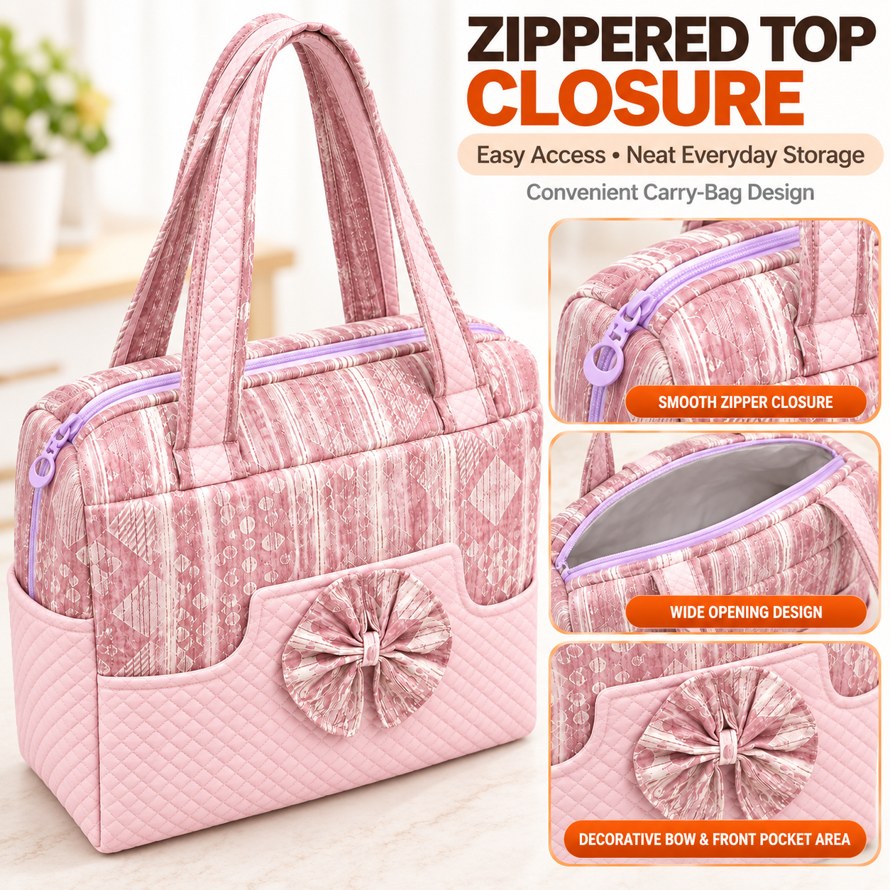 Little Beginnings Mommy Bag with Bow Design, Quilted Pockets & Shoulder Handles – Pink