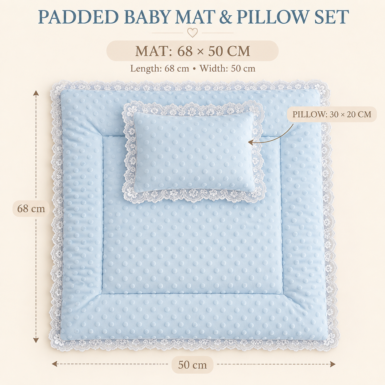 Little Beginnings Padded Baby Mat & Pillow Set, Cream, Lace Trim, 68 x 50 cm